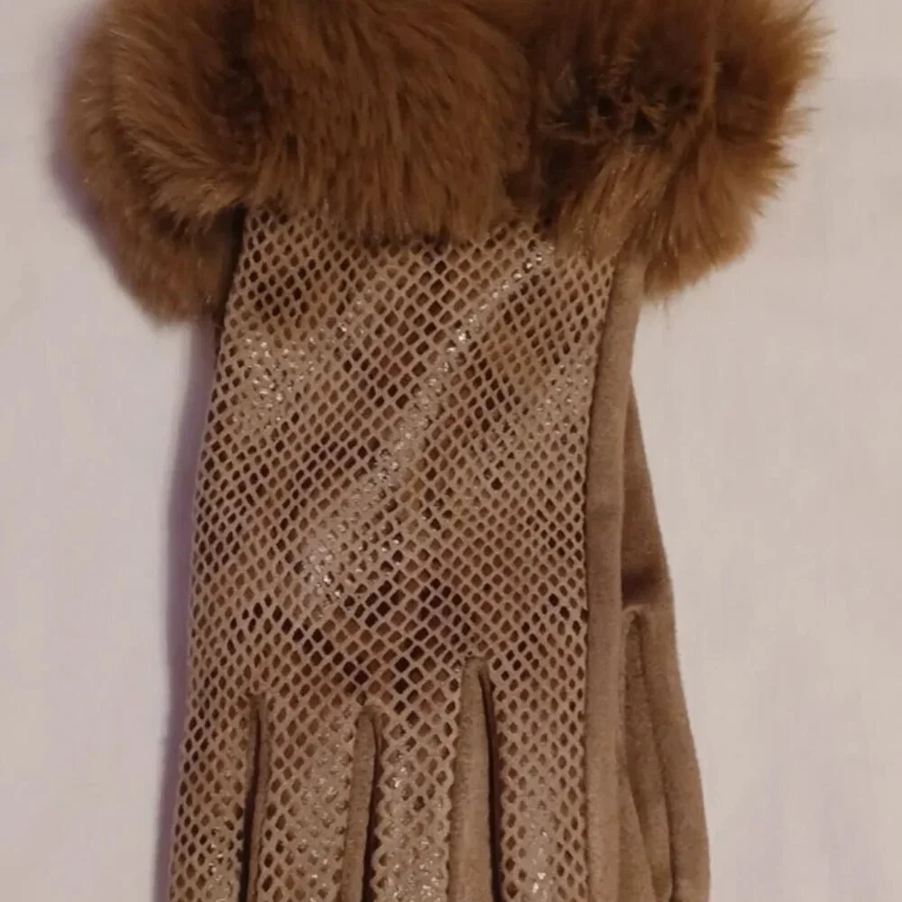 Snakeskin Print Touchscreen Gloves Faux Fur Trim Polyester